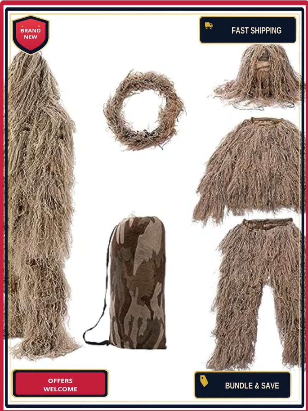 5-in-1 Ghillie Suit 3D Camo Hunting Suit Wool Polyester Adult